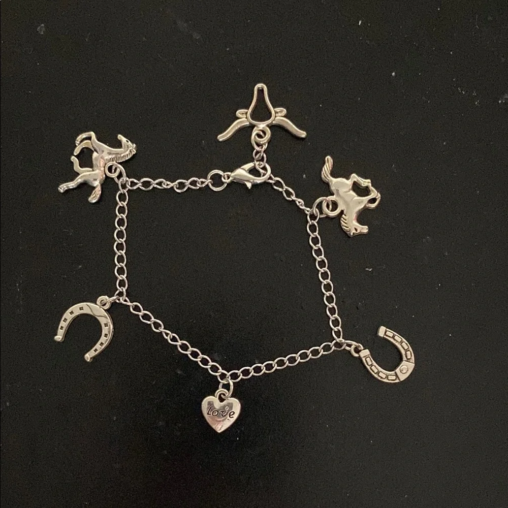 Silver Charm Bracelet with Heart and Horseshoe Charms Hand Crafted